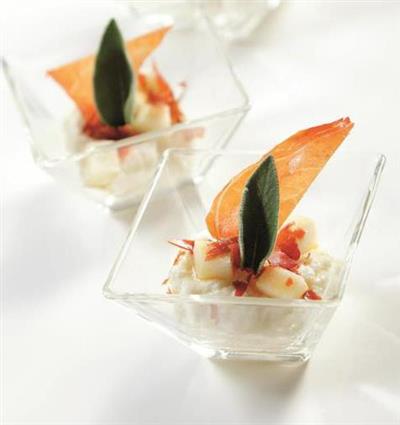 Parmesan Mousse with raw ham and piers